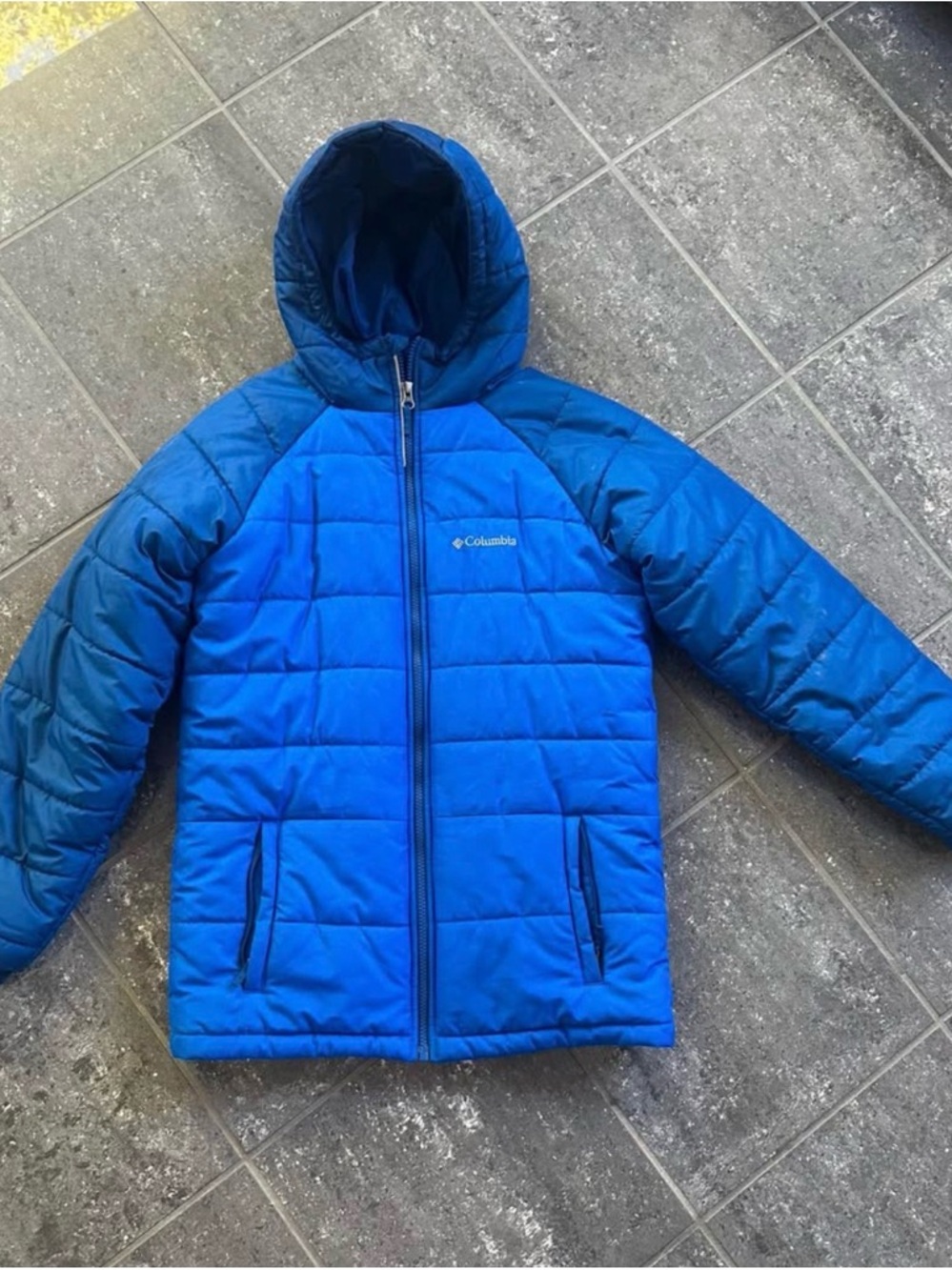 Columbia Kids Blue Hooded Two-Tone Puffer Jacket size L 14/16 years old